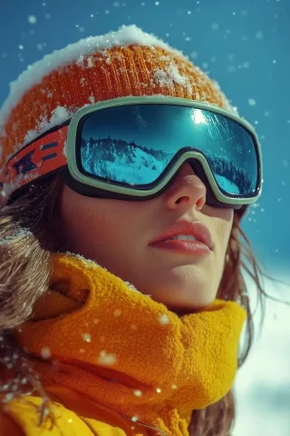 Retro Snowmobile Adventure — Midjourney v6 AI Prompt: Icelandic landscape, 1980’s, retro fashion model, outdoor clothing, snow goggles...