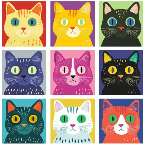 Colorful Cats Clip Art — Midjourney v6 AI Prompt: A grid of colorful cats in the style of Mary Blair, each cat is a different colo...