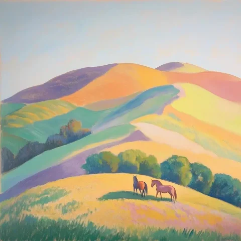 Pastel Horses on Hills — Midjourney v6 AI Prompt: Henri Matisse style pastel color painting of a rolling hills with 3 horses, very...