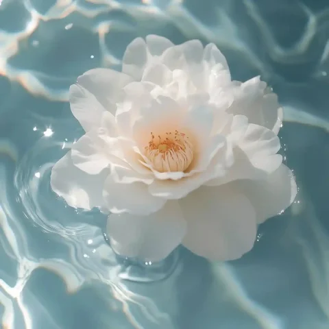 Minimalist Camellia on Water — Midjourney v6 AI Prompt: White water, a single camellia flowers floating on the surface of a clear, calm,...