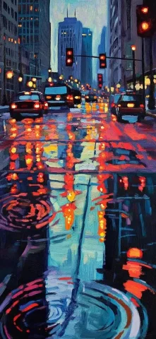 Urban Reflections in Bold Colors — Midjourney v6 AI Prompt: Abstract painting of the streets in Chicago, with traffic lights and buildings r...