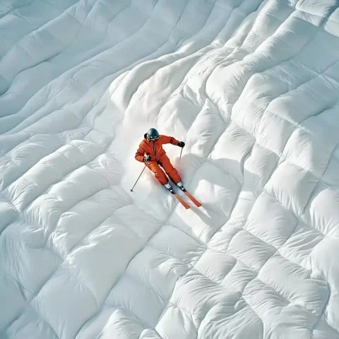 Surreal Skier on Comforter — Midjourney v6 AI Prompt: A skier captured from a distant, high-angle perspective, gracefully gliding down...