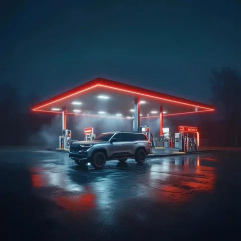 Neon Gas Station Nightscape — Midjourney v6 AI Prompt: Cinematic nighttime shot of a modern gas station with bright neon red and white...