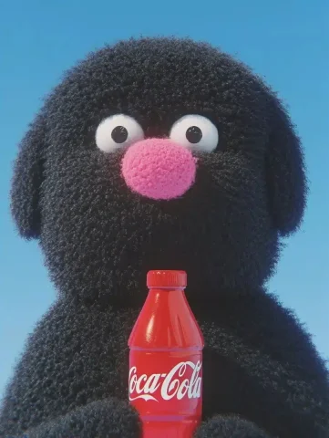 Detailed Puppy with Coca-Cola — Midjourney v6 AI Prompt: A cute, soft black puppy is holding a bottle of Coca-Cola in a store, most detai...