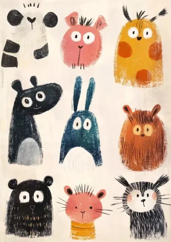 Whimsical Animals in Pencil — Midjourney v6 AI Prompt: A set of children's book illustrations featuring animals, mice and cows, tigers,...