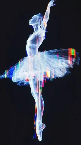 Abstract Holographic Ballerina Performance — Midjourney v6 AI Prompt: Vision, Shot from a distance, the abstract holographic ballerina performs the cl...