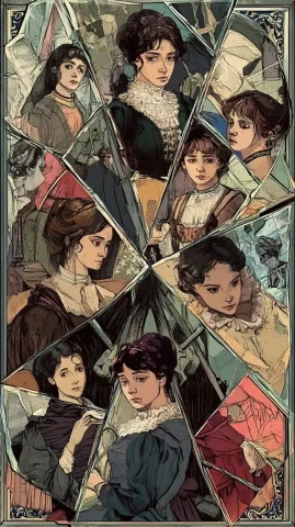 Fragmented Jane Eyre Collage — Midjourney v6 AI Prompt: A shattered mirror reflecting multiple versions of Jane Eyre: child, governess,...