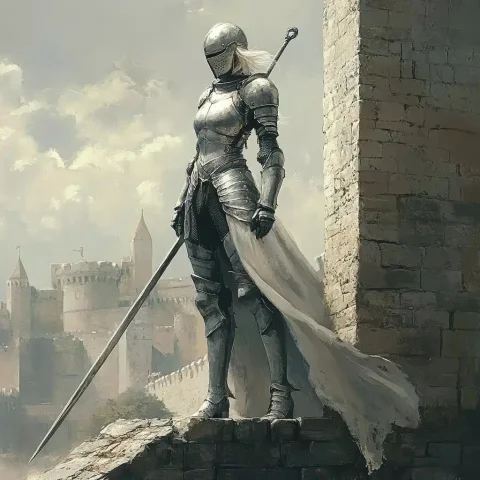 White Armored Knight Over Castle — Midjourney v6 AI Prompt: woman Knight. Sleek plate armor. White armor. Long spear. Dark Souls style. Drag...