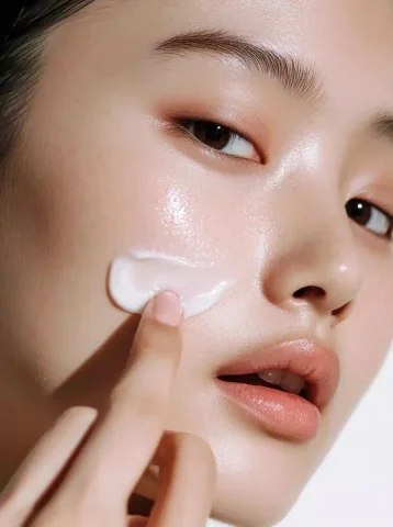 Asian Woman Applying Cream — Midjourney v6 AI Prompt: A close-up shot of an Asian woman's face, applying cream to her cheek with one h...