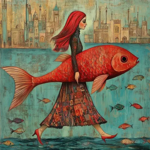 Walking Fish in Tehran — Midjourney v6 AI Prompt: a fish walking, tehran, 1990,Mermaid, big, red shoe, red fish, human hand, woman