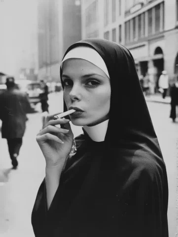 Vintage Candid Nun Smoking — Midjourney v6 AI Prompt: Black-and-white photograph of nun smoking cigarettes, vintage photography, candi...