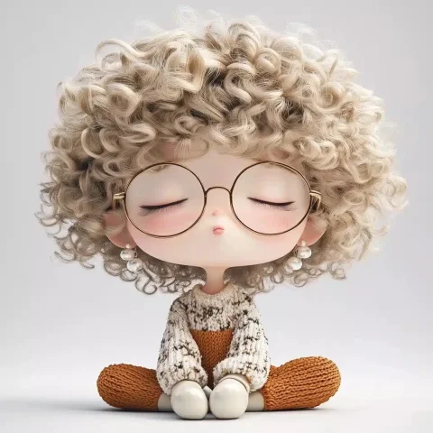 Chibi Character in 3D — Midjourney v6 AI Prompt: Beige curly hair, delicate and fluffy texture, wearing glasses, closing eyes, po...