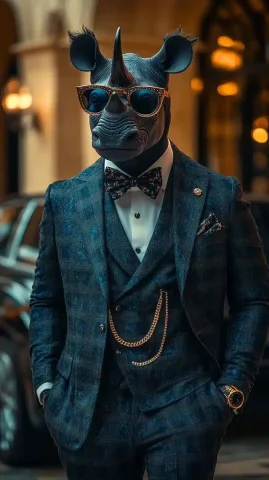 Ultra-Realistic Rhino Businessman — Midjourney v6 AI Prompt: Ultra-realistic humanoid rhinoceros businessman, fully black marble-like rhino h...