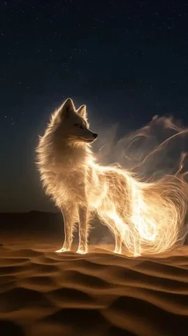 Hyper-Realistic Plasma Foxes — Midjourney v6 AI Prompt: Fire Fox in the desert." Fox-shaped creatures made of high-temperature plasma sh...