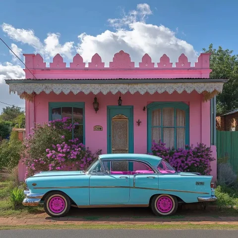 Colorful Suburban Home Photography — Midjourney v6 AI Prompt: A simple but colourful subarban home in South Africa, nice garden, and a classic...