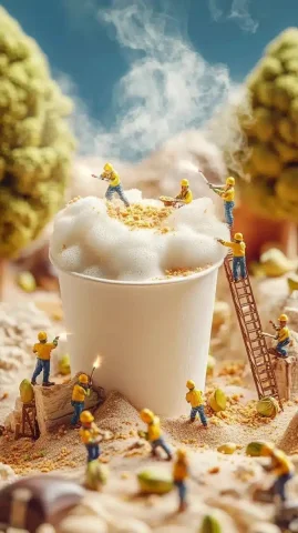 Macro Cup in Pistachio Land — Midjourney v6 AI Prompt: A cinematic macro shot of a tall white paper cup standing in a miniature pistach...