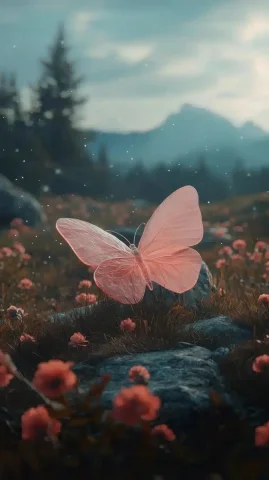 Glass Butterfly in Meadow — Midjourney v6 AI Prompt: Spring flowers cluster around, meadow there is an oversized pink butterfly sculp...