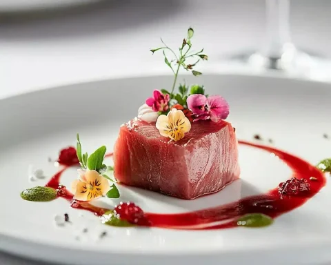 Minimalist Tuna Steak Presentation — Midjourney v6 AI Prompt: A food photograph of a fine dining menu featuring a tuna steak, decorated with s...