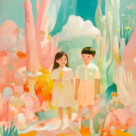Futuristic Students in Surrealism — Midjourney v6 AI Prompt: a full body photo of two Asian 5 years old students wearing futuristic made from...