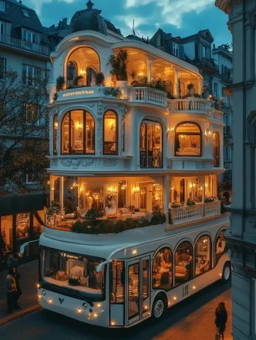 Mansion Bus in Cityscape — Midjourney v6 AI Prompt: A magnificent multi-story mansion built onto a moving bus, traveling through a h...