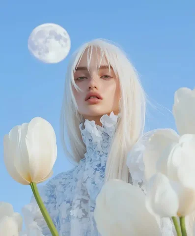 Cinematic Girl Among Tulips — Midjourney v6 AI Prompt: Gorgeous full-length girl with long white hair standing directly in front of the...