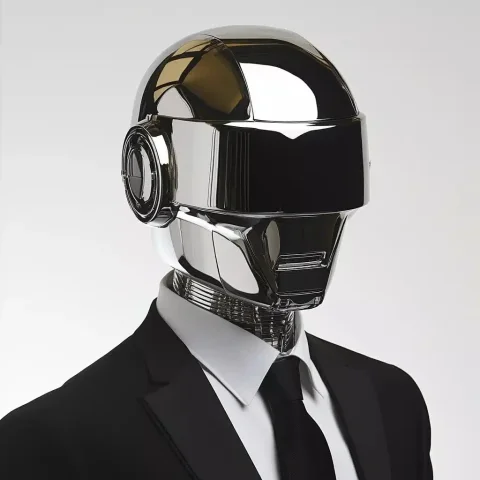 Chrome Helmeted Man Illustration — Midjourney v6 AI Prompt: A man wearing a shiny chrome robotic helmet like daft punk, in a black suit and...