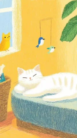 Lazy Cat in Bed — Midjourney v6 AI Prompt: In the bedroom, a cute cat lies lazily in the cat bed, with small fish, birds an...