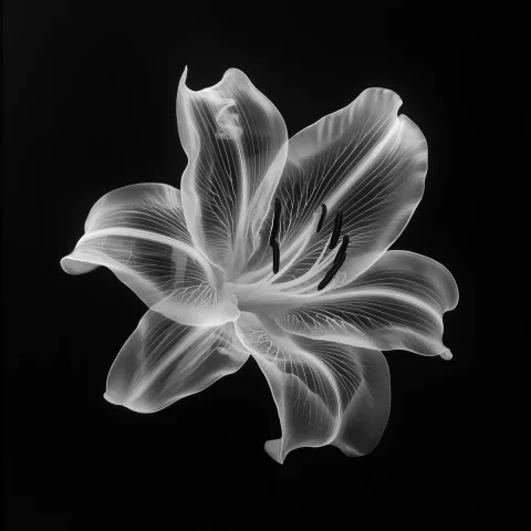 X-Ray Lily in Contrast — Midjourney v6 AI Prompt: A white and black transparent lily flower made of X-ray film, set against a blac...