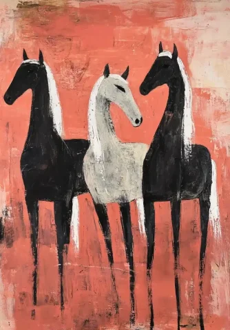 Klee-Style Horses in Profile — Midjourney v6 AI Prompt: In the style of Paul Klee, three horses with white manes and black bodies stand...