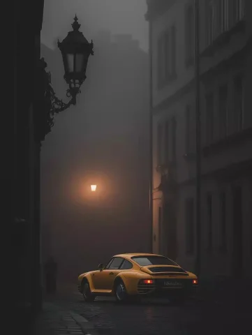 Vibrant Porsche in Fog — Midjourney v6 AI Prompt: A Porsche 959 in vibrant Racing Yellow parked on a cobblestone street in a foggy...