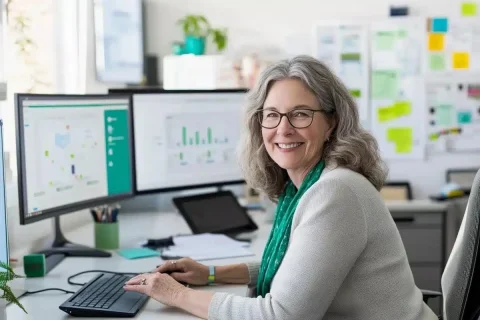 Senior Planner at Desk — Midjourney v6 AI Prompt: An older senior work planner women sits at her desk in an office, working on a c...