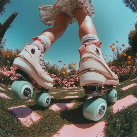 Fisheye Roller Skates Aesthetic — Midjourney v6 AI Prompt: Close up of cute girl' s legs wearing roller skates scrolling on a checkered gra...