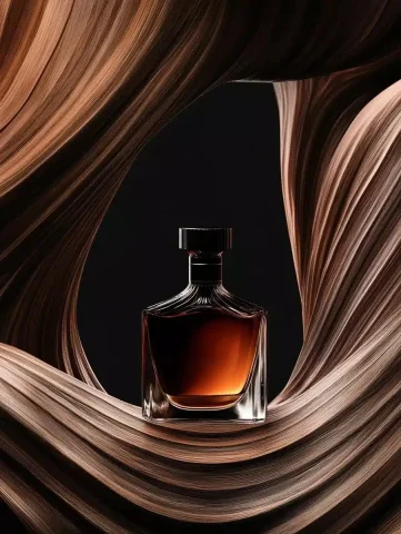 Hyper-Realistic Cognac Photography — Midjourney v6 AI Prompt: Product photography of cognac bottle, sitting on the middle of arche of an abstr...