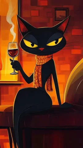 Vintage Cartoon Jazz Cat — Midjourney v6 AI Prompt: an anthropromorhic jazzy black cat in holding a glass of wine and a cigarette wi...