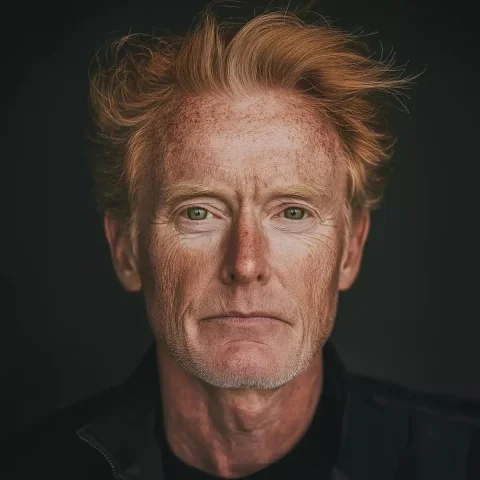 Handsome Older Man Portrait — Midjourney v6 AI Prompt: an older but handsome man in his 50s with greying red hair and kind green eyes....