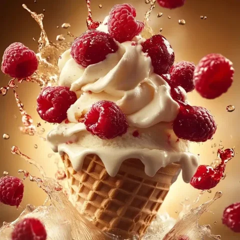 Ultra-Realistic Ice Cream Explosion — Midjourney v6 AI Prompt: A stunning close-up of a creamy vanilla ice cream cone with fresh, juicy raspber...