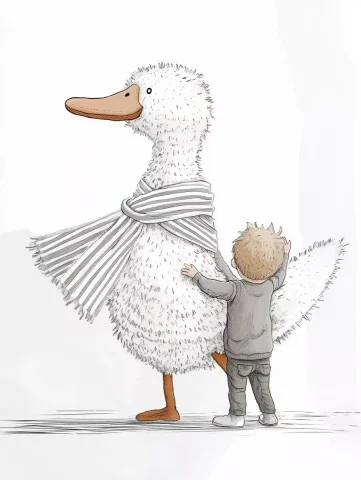 Duck and Boy Illustration — Midjourney v6 AI Prompt: In a children's book illustration style, there is an anthropomorphic white duck...