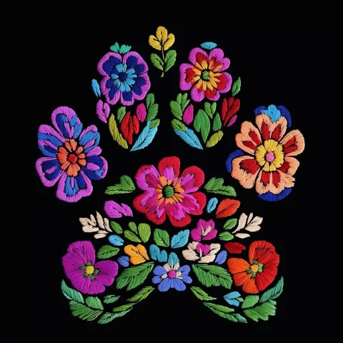 Colorful Floral Paw Embroidery — Midjourney v6 AI Prompt: floral paw embroidery pattern,colorful full floral paw pattern,plain background,...