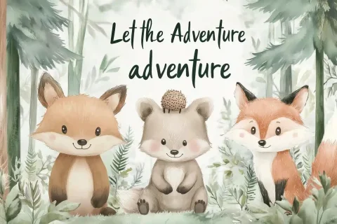 Watercolor Woodland Adventure Scene — Midjourney v6 AI Prompt: Romanticism, cinematic lighting, A cute woodland animal scene with the text "Let...