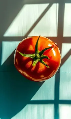 Heirloom Tomato Macro Photography — Midjourney v6 AI Prompt: A single ripe heirloom tomato, perfectly round with a deep red hue, tiny imperfe...