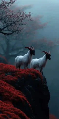 Photorealistic Goats on Cliff — Midjourney v6 AI Prompt: Long haired red goats, on a black rock cliff with snowy red moss, long sharp hor...