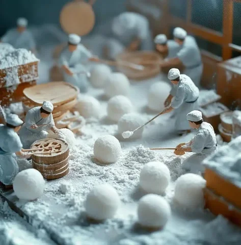 Miniature Mochi Production Scene — Midjourney v6 AI Prompt: The scene of people making mochi rice balls is depicted in close-up, with white...