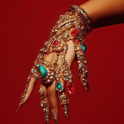 Maximalist Jewelry Handshot — Midjourney v6 AI Prompt: a beautiful fashion shot of a hand with bold and maximalist jewerly, distrurbing...