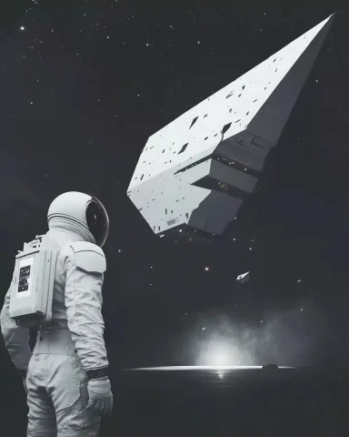 Minimalist Sci-Fi Astronaut Scene — Midjourney v6 AI Prompt: Minimalist sci-fi scene in white, grey, and deep black. A geometric spaceship ho...