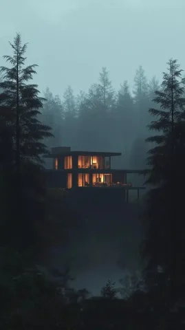 Modern Cabin in Forest — Midjourney v6 AI Prompt: A luxury modern two-story cabin deep in a secluded forest, glowing warmly agains...