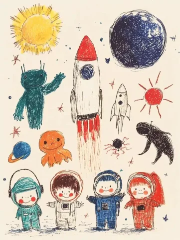 Cute Astronauts with Space Elements — Midjourney v6 AI Prompt: Thirty cute and smiling dressed astronauts stand in a line, including a planet,...