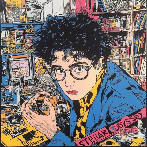 Retro-Futuristic Nerd Lab — Midjourney v6 AI Prompt: **MidJourney Prompt:** A square 1980s retro-futuristic comic-style CD album cove...
