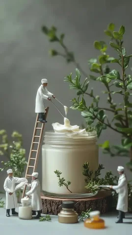 Cosmetic Scientists at Work — Midjourney v6 AI Prompt: A group of tiny cosmetic scientists stand around a jar of face cream. One cosmet...