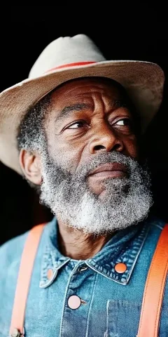 Cinematic Portrait of Miner — Midjourney v6 AI Prompt: Documentary portrait of elderly black 70 year old coal miner with long grey bear...