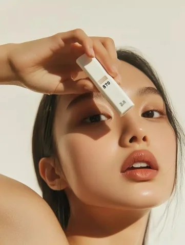 Eye Cream Product Showcase — Midjourney v6 AI Prompt: a close up of an small eye cream bottle with the letter "870" on it, being held...